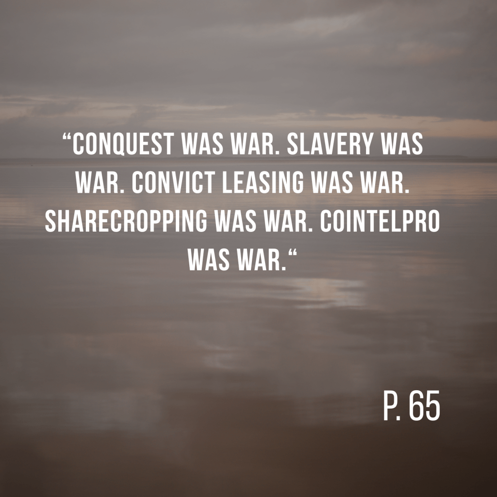 “Conquest was war. Slavery was war. Convict leasing was war. Sharecropping was war. COINTELPRO was war.“ P. 65