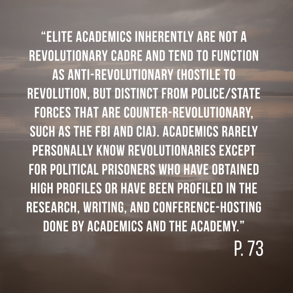 “Elite academics inherently are not a revolutionary cadre and tend to function as anti-revolutionary (hostile to revolution, but distinct from police/state forces that are counter-revolutionary, such as the FBI and CIA). Academics rarely personally know revolutionaries except for political prisoners who have obtained high profiles or have been profiled in the research, writing, and conference-hosting done by academics and the academy.” P. 73